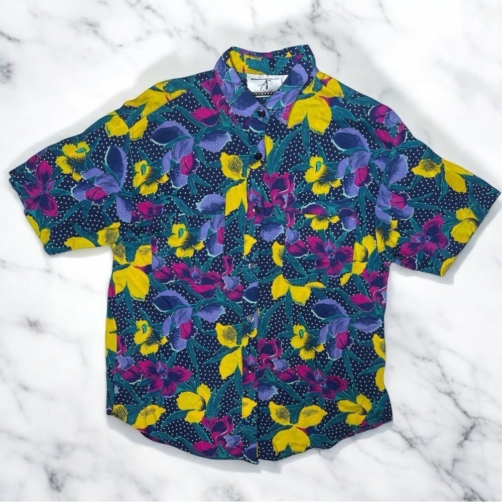 Vintage 90s Artsy Hawaiian Floral Mixed Print Button Up Collard Blouse